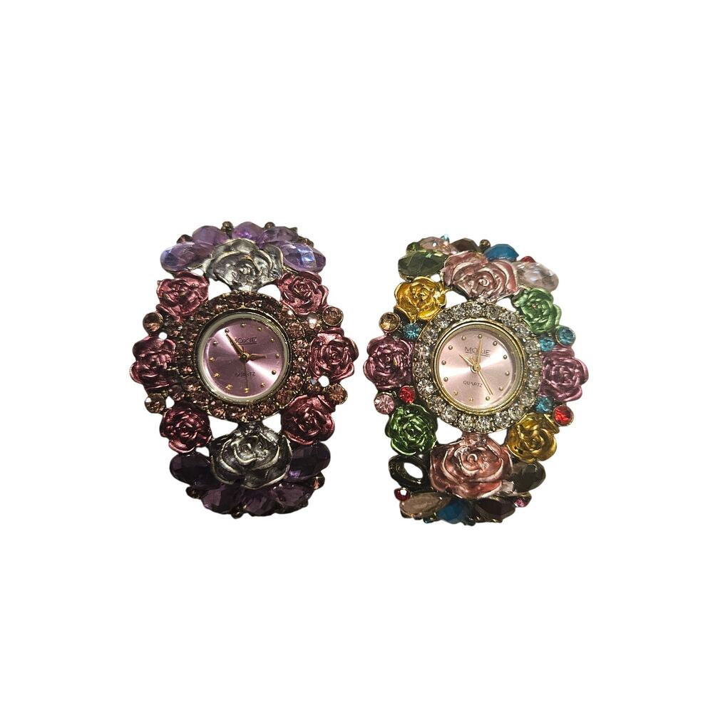 Moxie jeweled rhinestone floral art deco bangle watch bracelet lot of 2 bling